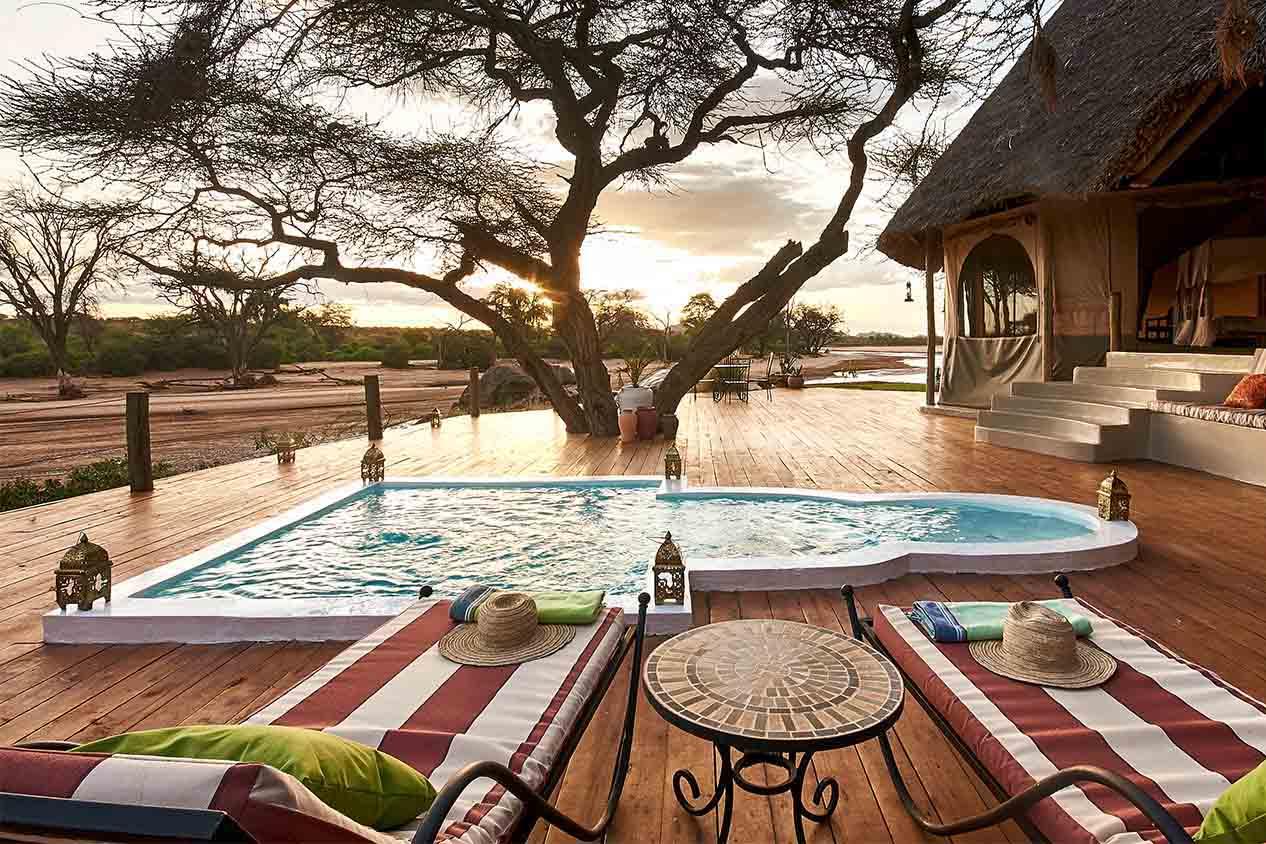 Sasaab Lodge Moroccan-style tented suites on a ridgeline above the Ewaso Nyiro River, Samburu Kenya